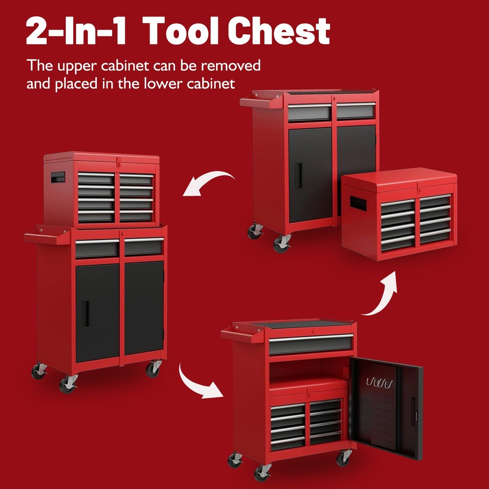 2 In 1 Rolling Tool Chest Tool Organizer Box w/ Lockable Wheels Garage Workshop