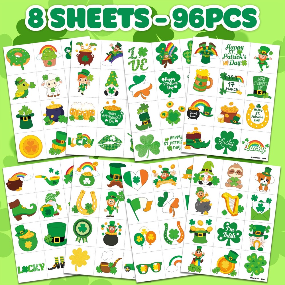 96 PCS Saint Patricks Day Shamrock Pre-Cut Temporary One Size, Multiple