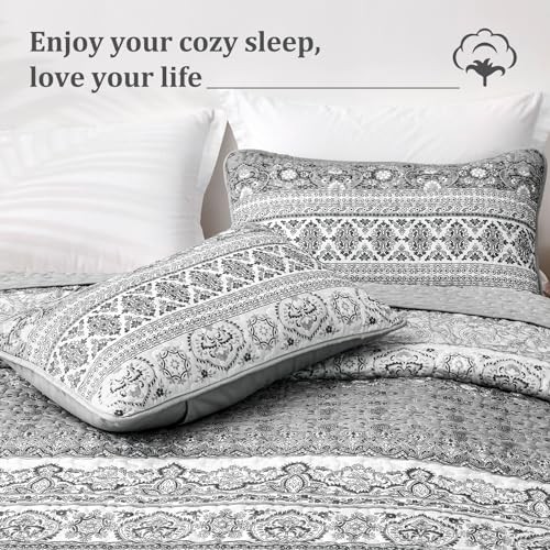 Boho Quilt Set Bohemian Quilt Bedding Set, Lightweight Microfiber King Grey