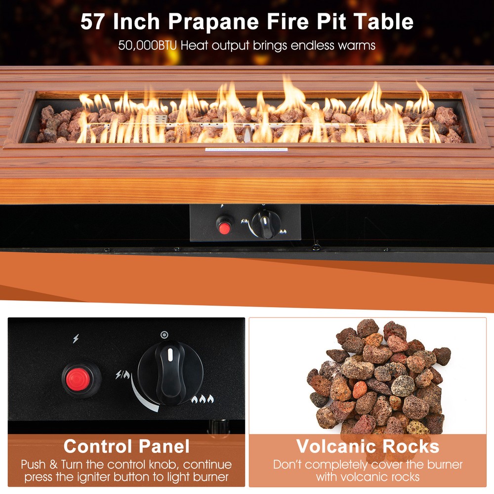 57" Rectangular Propane Gas Fire Pit 50,000 Btu Heater Outdoor Table