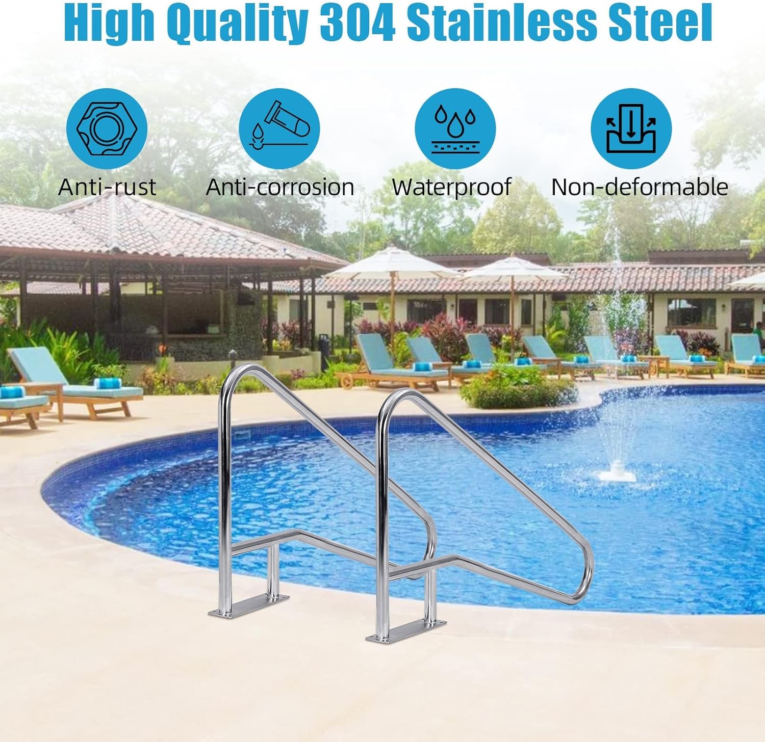 55"x32" Swimming Pool Handrail 385LBS 304 Stainless Steel Non-Slip Pool Railings