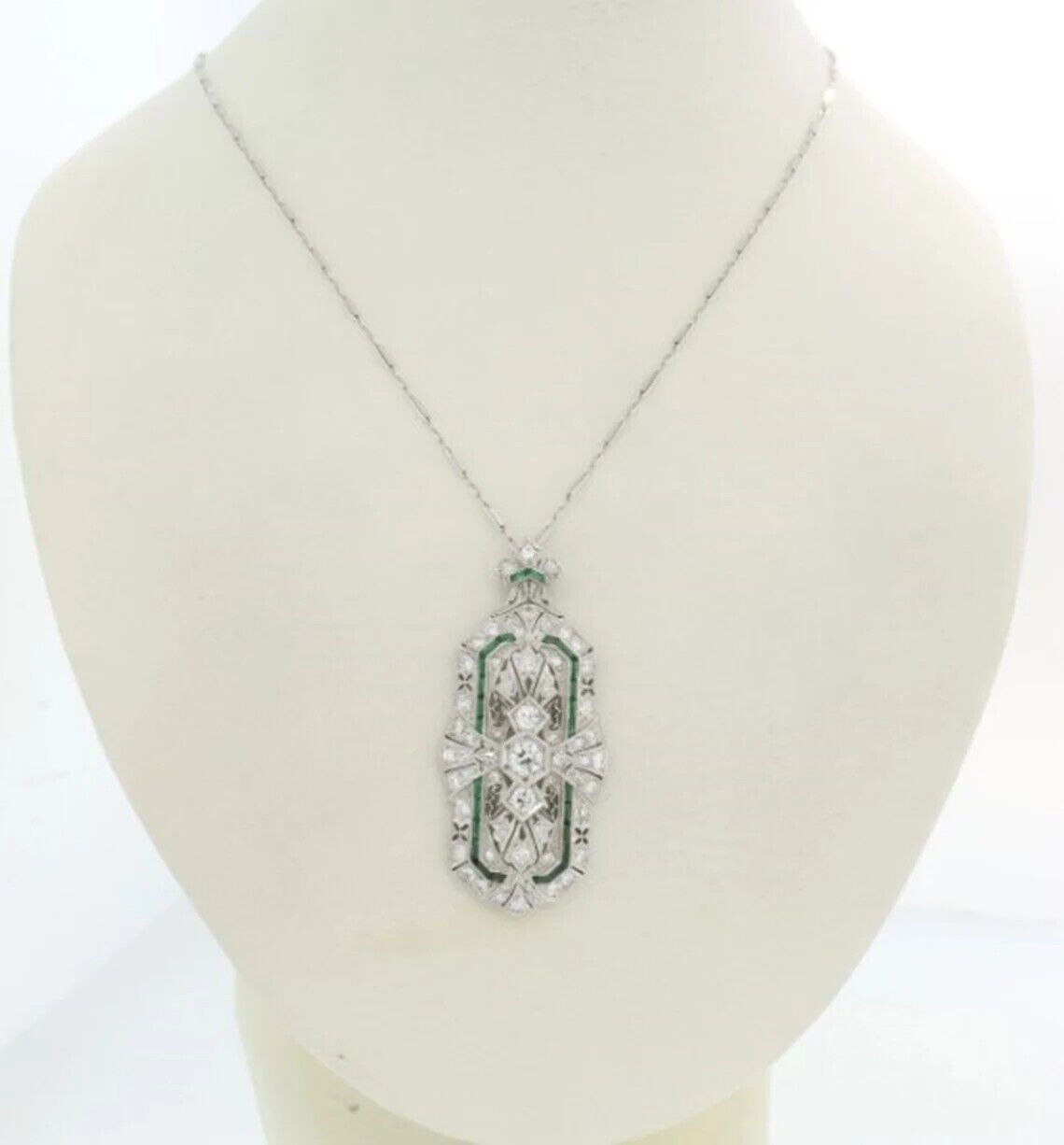 2.95Ct Art Deco Style Diamond & Emerald Enagagement Wedding 925 Silver Pendant