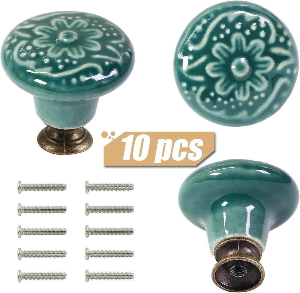 Green Ceramic Knobs 10 Pack - Vintage Cabinet Retro Dresser