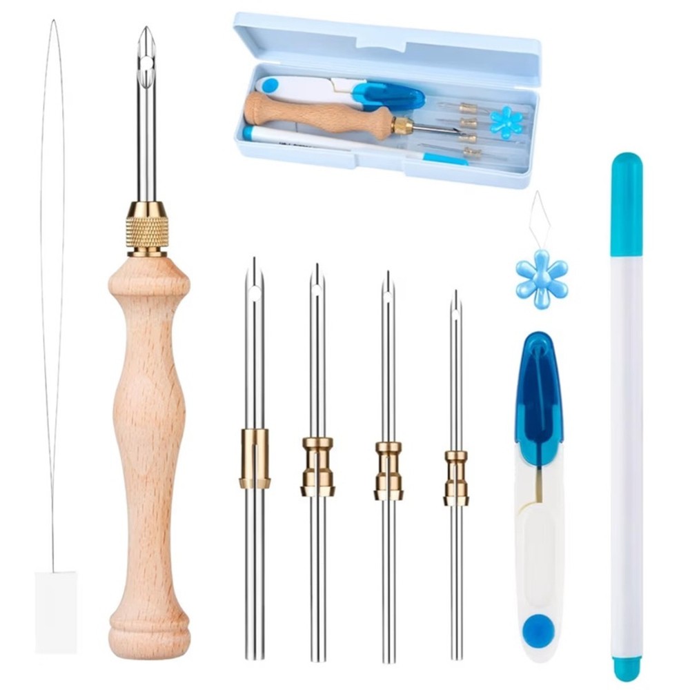 Punch Needle Kit with Storage Box, Adjustable Tool, 1.6mm Blue