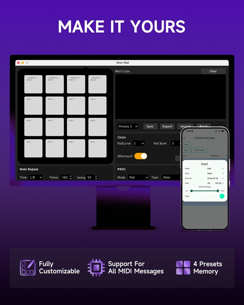 Donner STARRYPAD MINI MIDI Drum Pad Controller | USB & Wireless 16 RGB Pads Grey