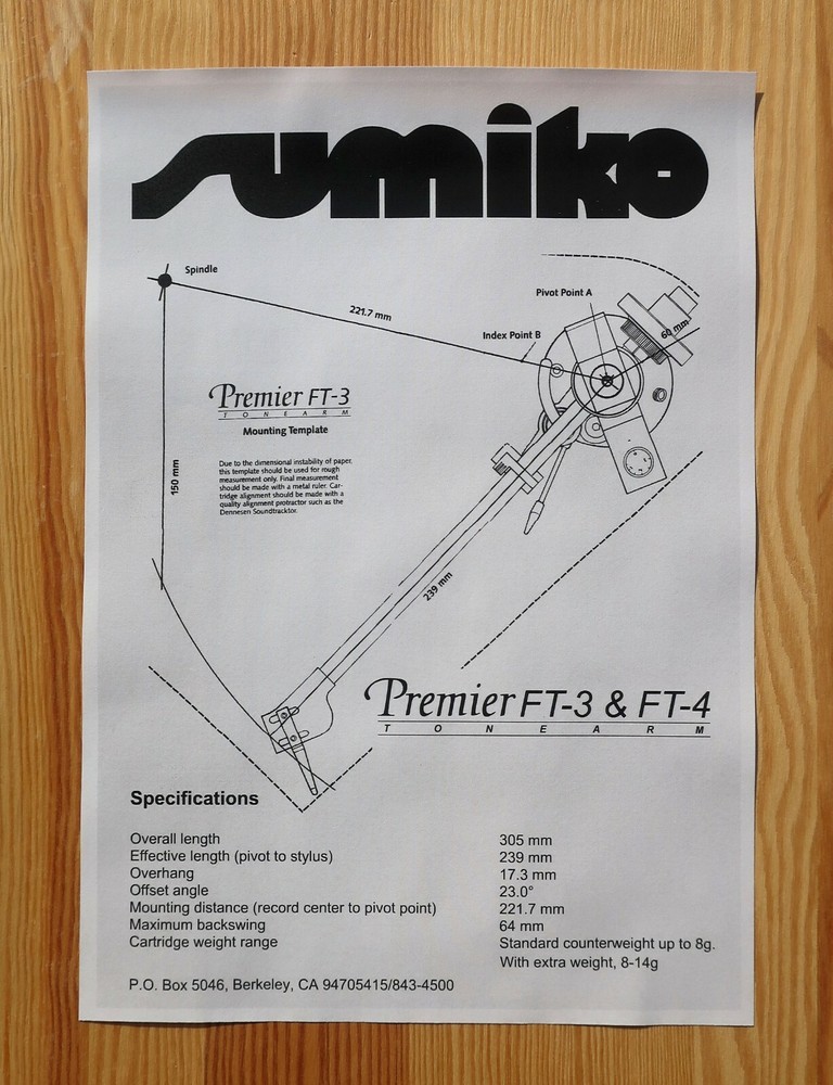 Sumiko Premier FT-3 & FT-4 Custom Designed Tonearm Stylus Alignment Protractor