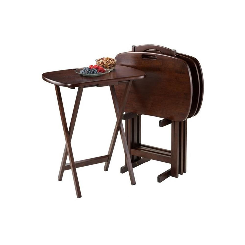 Pemberly Row 5-Piece Transitional Solid Wood Snack Table Set in Walnut