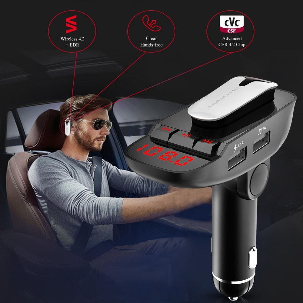 Car FM Transmitter w/ Wireless Earpiece 2 USB Charge Ports Hands-free Call MP3