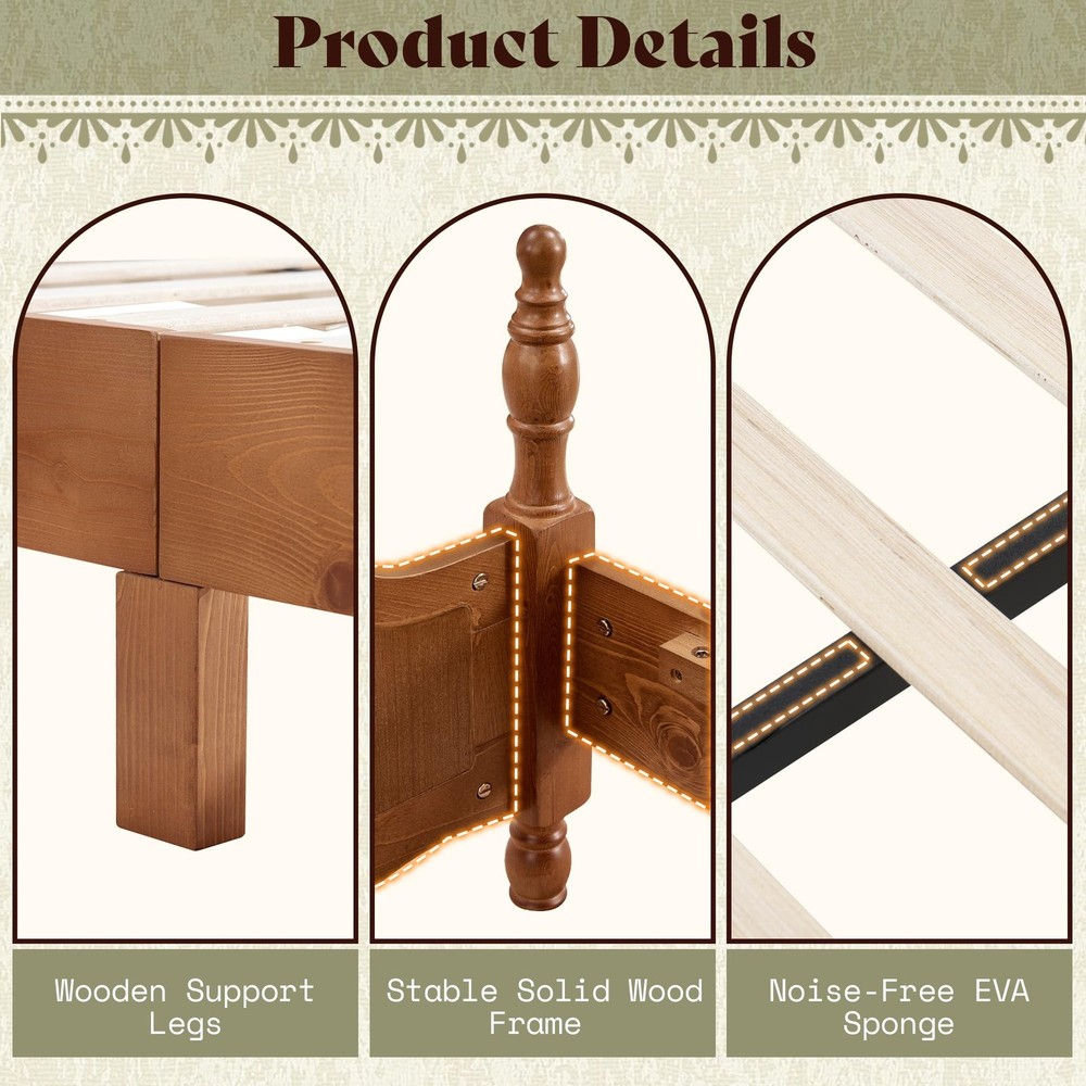 Solid Wood Queen Bed Frame with 56" Arched Headboard, Traditional Poste