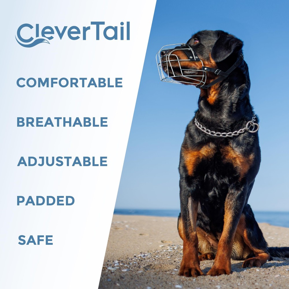 CleverTail XL Metal Dog Muzzle for Extra Large, Silver Wire & Black Straps