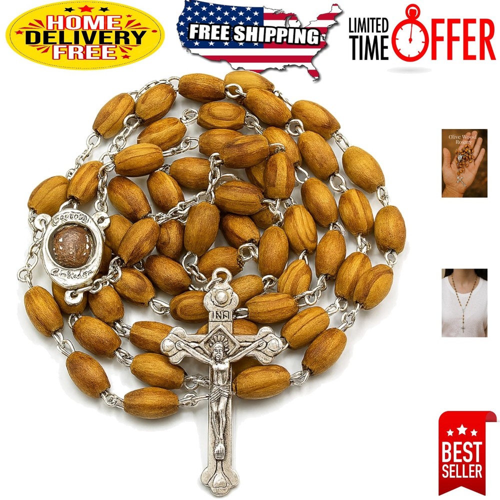 Authentic Jerusalem Rosary: Olive Wood Beads & Soil Medal Gift with Certificate