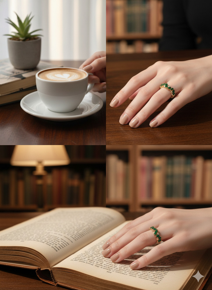 Emerald Green Baguette Ring Gold Zircon Statement Band Adjustable Stacking Ring