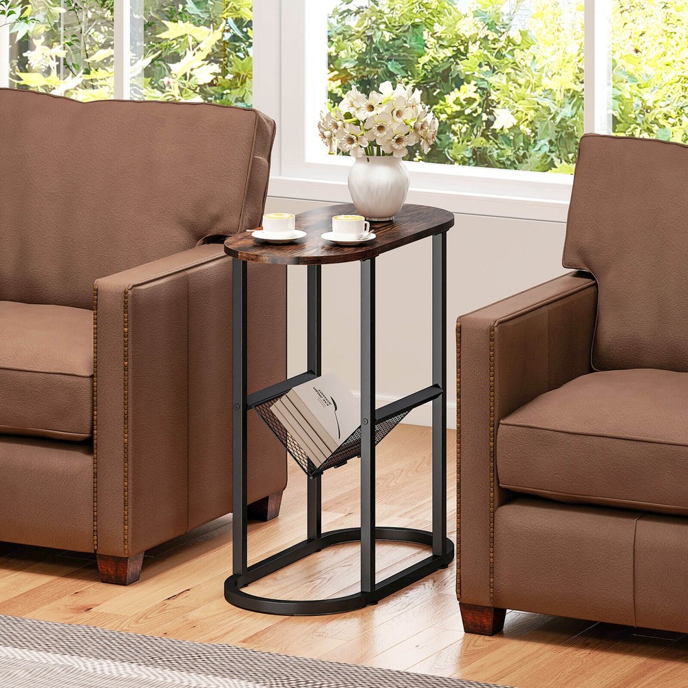 2 PCS Industrial Side Table End Coffee Table Compact Nightstand with Mesh Shelf