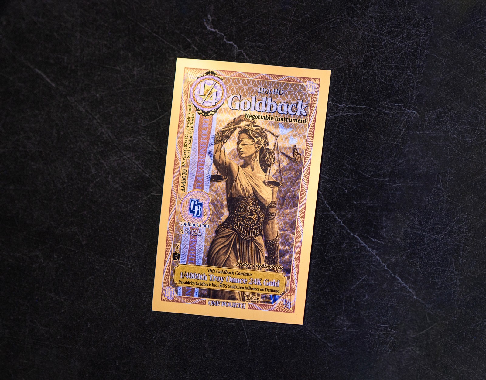 2026 - 1/4 IDAHO Goldback Aurum Gold Foil Note 1/4000 oz 24kt .999 Fine PRESALE