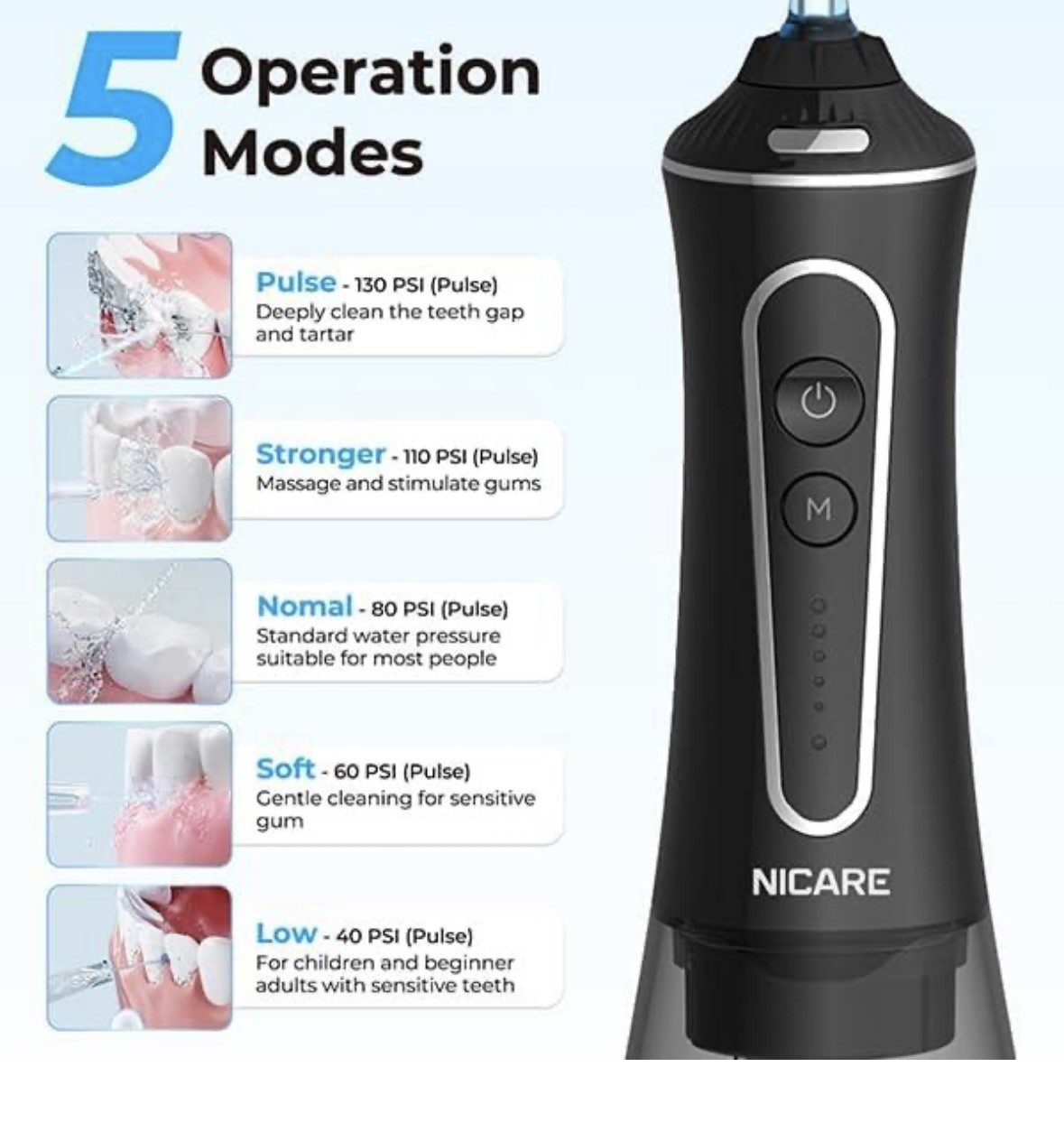 Cordless Rechargeable Water Dental Flosser Oral Irrigator with 5 Modes & 5 Tips