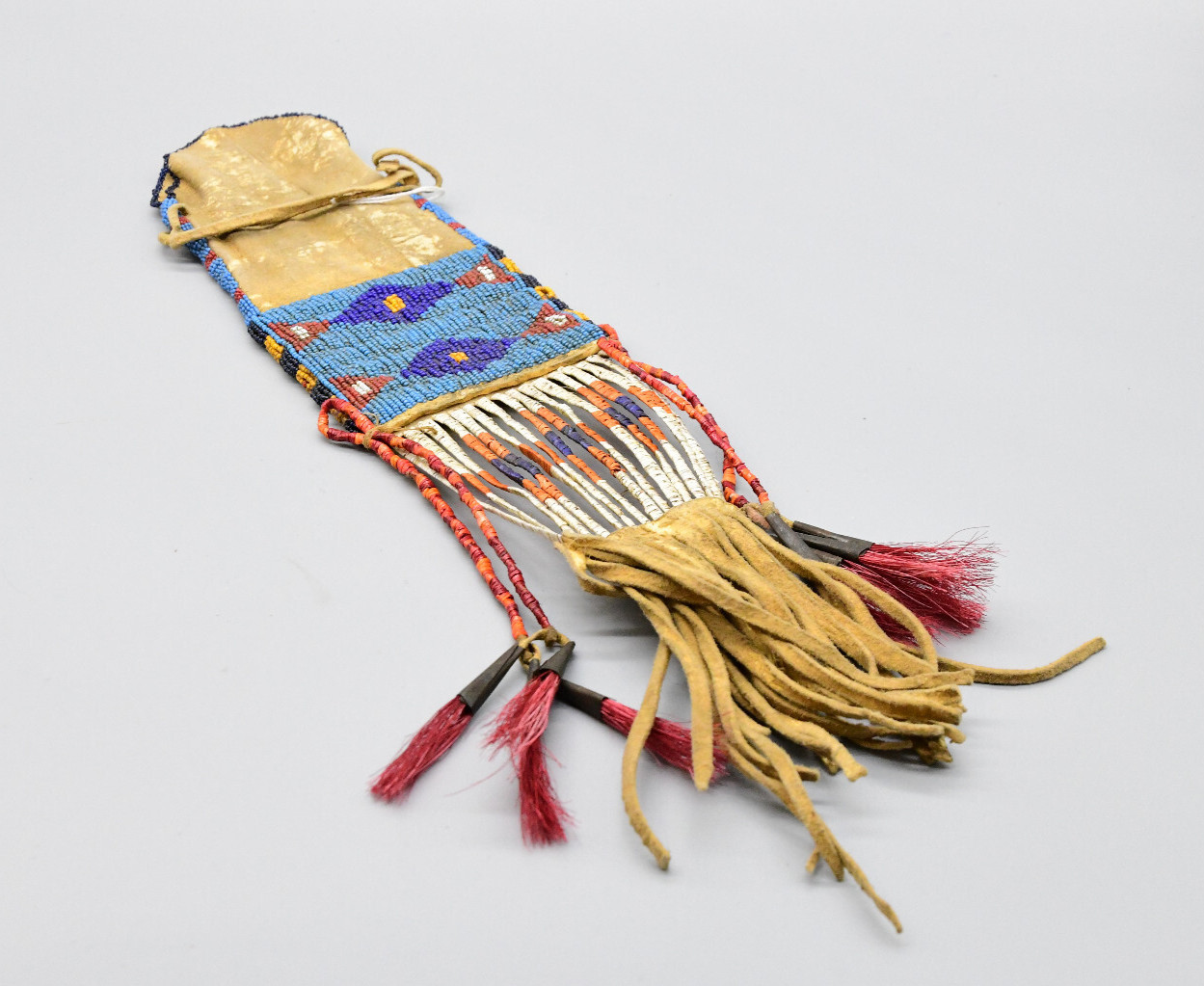 1890 Rare Arapaho Woman's Indian Society Tobacco Beaded Leather Bag 17"