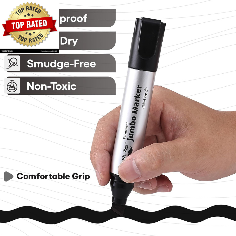 Jumbo Permanent Markers, 4 Pack, Chisel Tip, Black, Thick, Large, Wide Tip