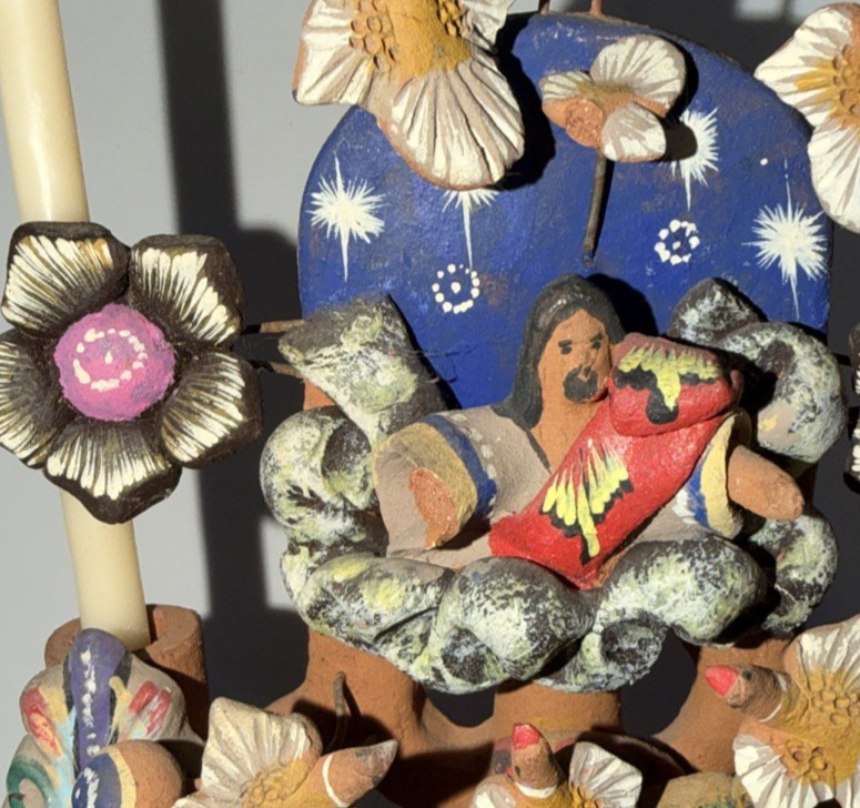 Mexican Clay TREE of LIFE Handmade Multi Color Folk Art Candelabra 12.5" Tall