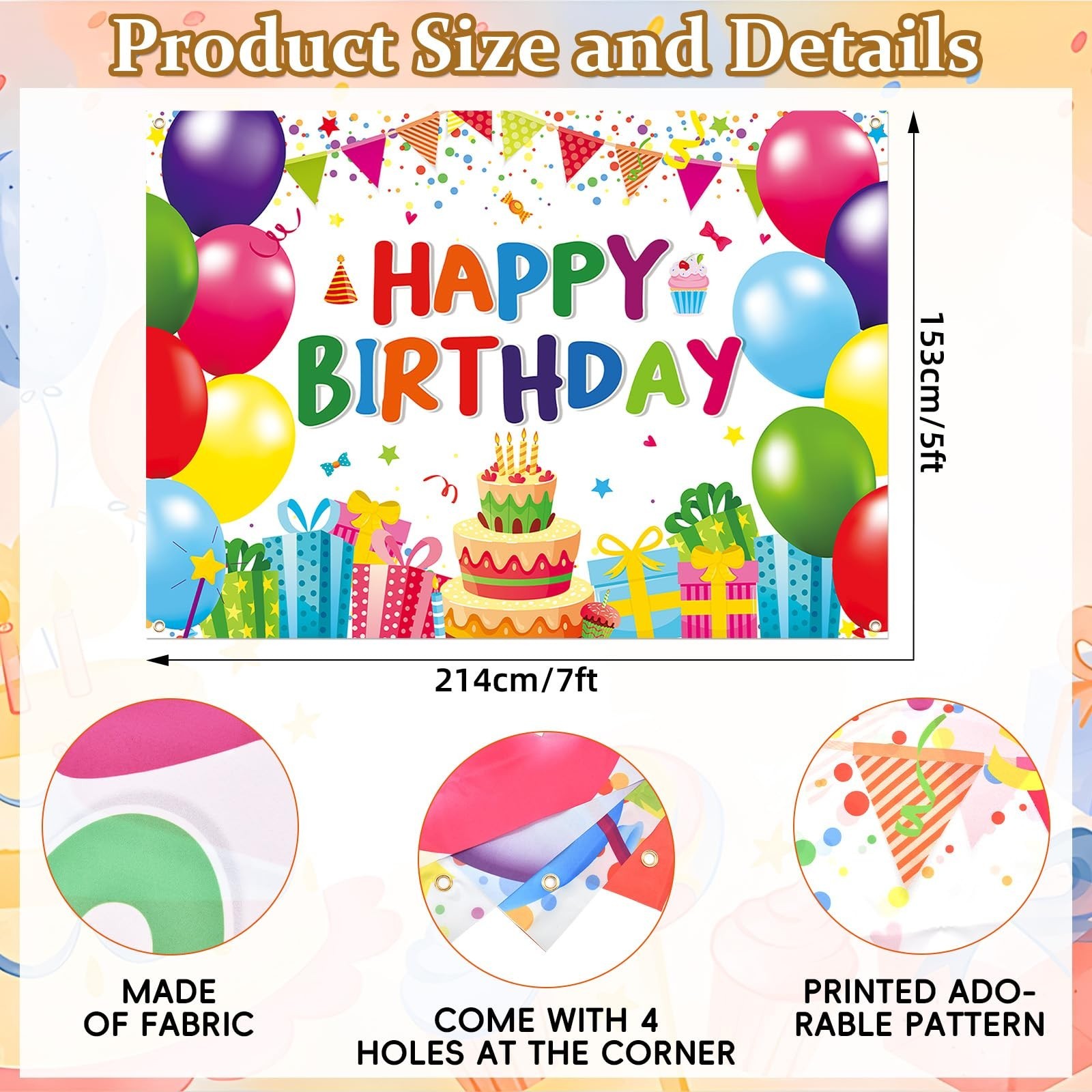 7 x 5 FT Happy Birthday Backdrop - Colorful Birthday Banner Wall Hanging, Fun...