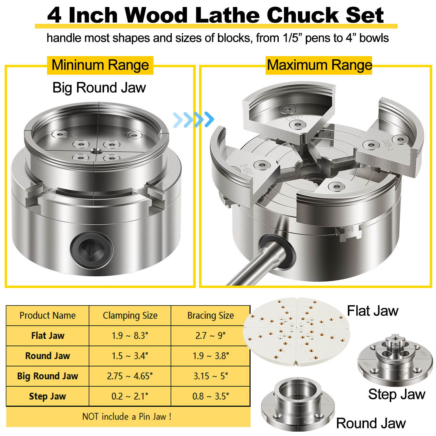 4 Inch Wood Lathe Chuck Set 1" x 8 tpi Thread Self Centering 4 Jaw Wood Turning