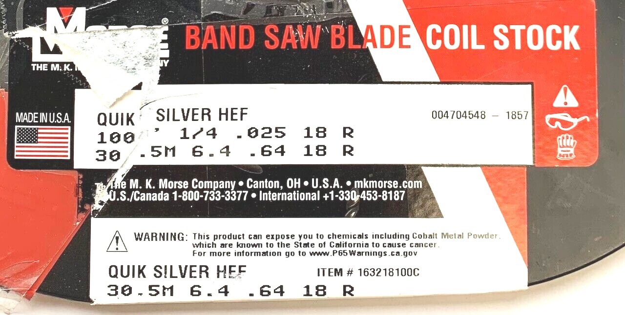 100' x 1/4 x 18R CARBON FLEX BACK BANDSAW COIL STOCK - USA MK Morse - NEW