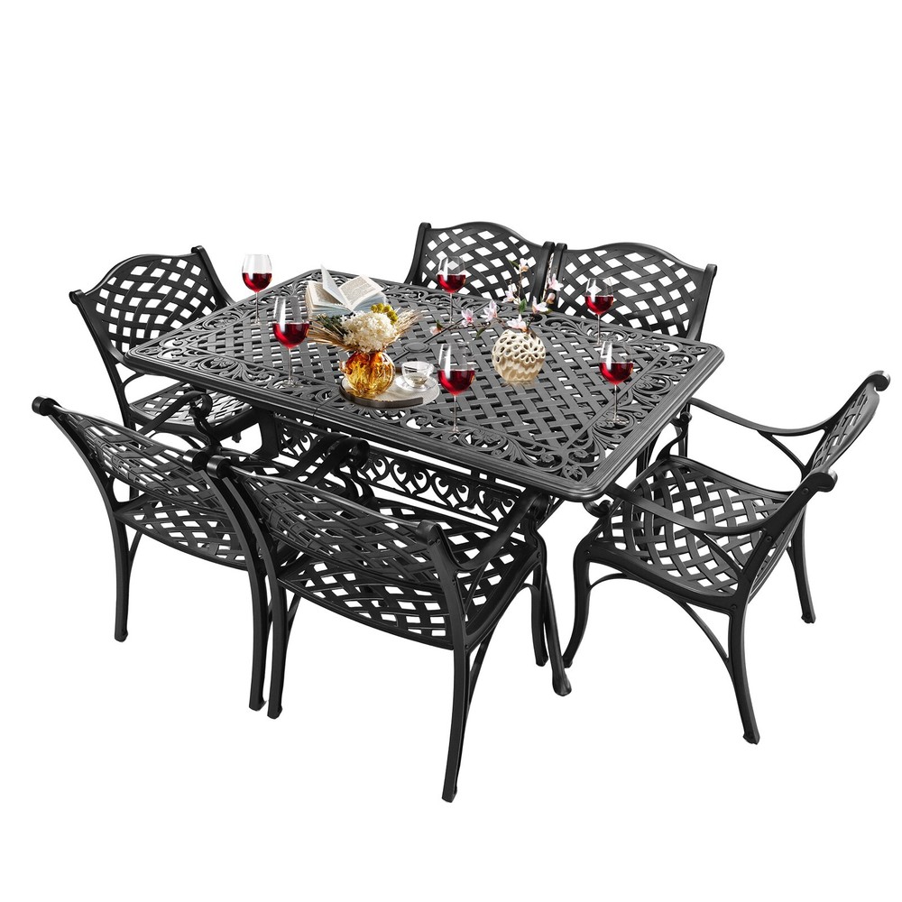 7 Pcs Patio Dining Set Cast Aluminum Rectangular Table 6 Chairs