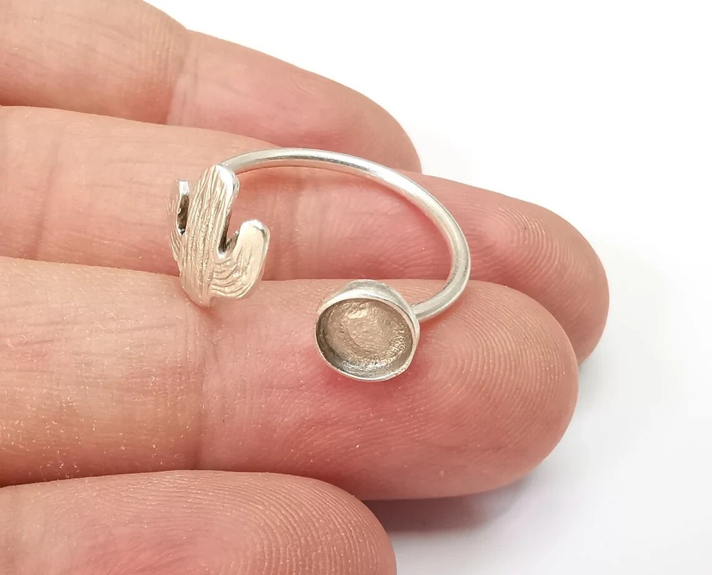 Cactus Ring Blank Settings, Cabochon Mounting, Adjustable Antique Silver Resin