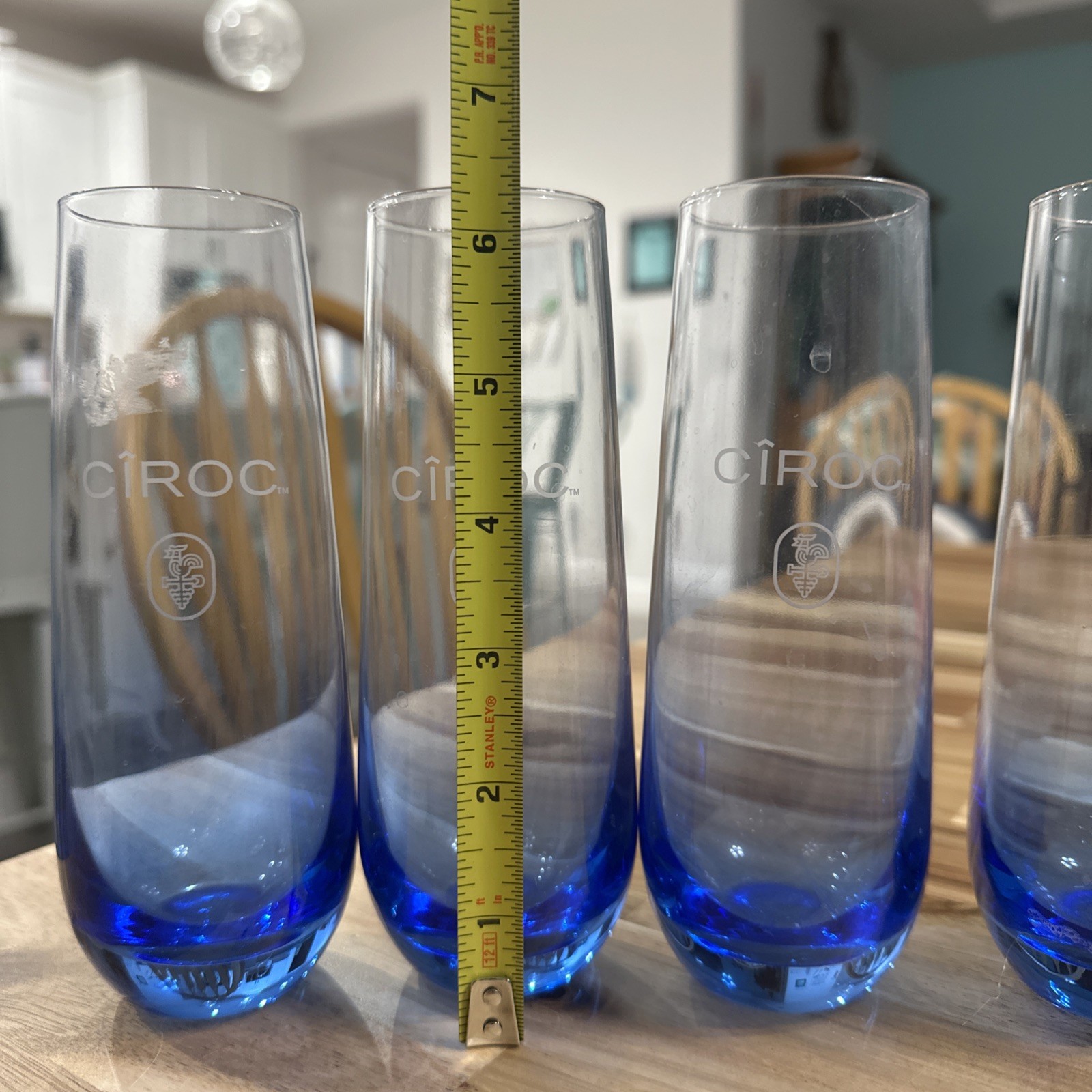 Ciroc Etched Blue Cocktail Stemless Flute Glasses Set of 4 Four Vodka Logo 6.25"