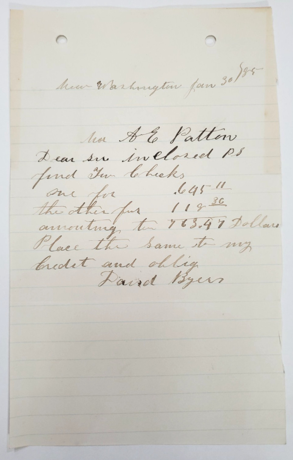1885 Letter, David Byers, New Washington, PA, To A.E. Patton (Curwensville, PA)
