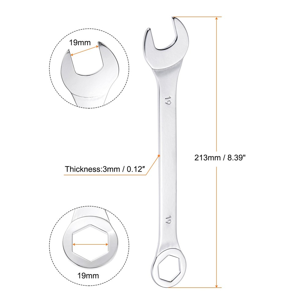 Thin Combination Wrench with Offset 6 Point End and Angled Open End 19mm