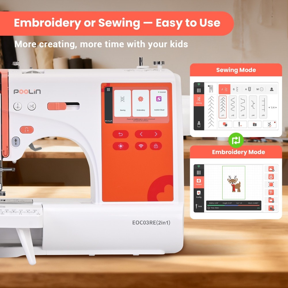 POOLIN EOC03RE(2in1) Sewing and Embroidery Machine Computerized With SOFTWARE.