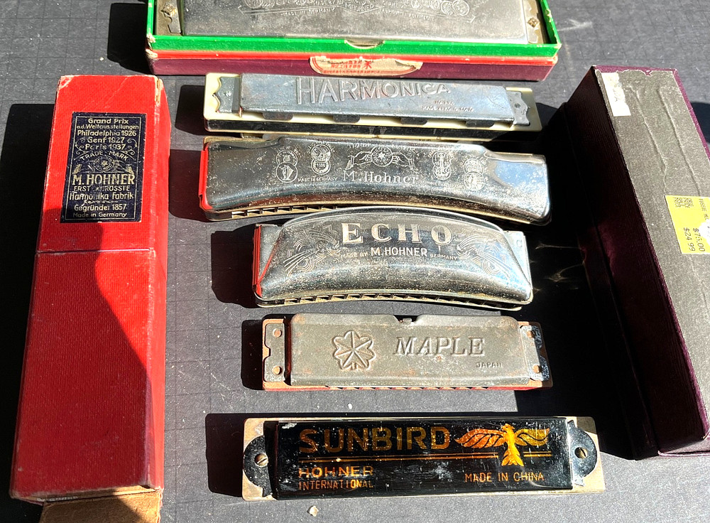 Harmonicas, vintage, assorted, four quantity