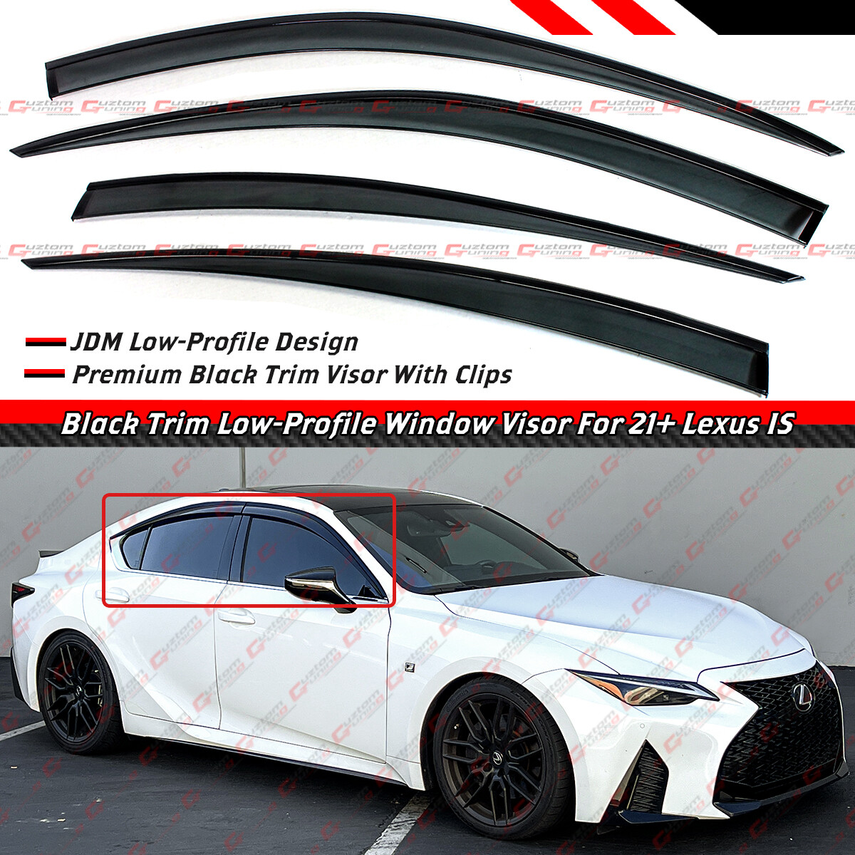 FOR 21-23 LEXUS IS300 IS350 PREMIUM BLACK TRIM WINDOW VISOR RAIN GUARD W/ CLIPS