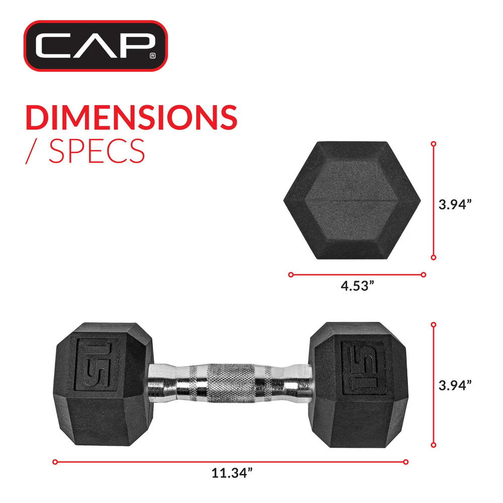 CAP Barbell, 15lb Rubber Hex Dumbbell, Single
