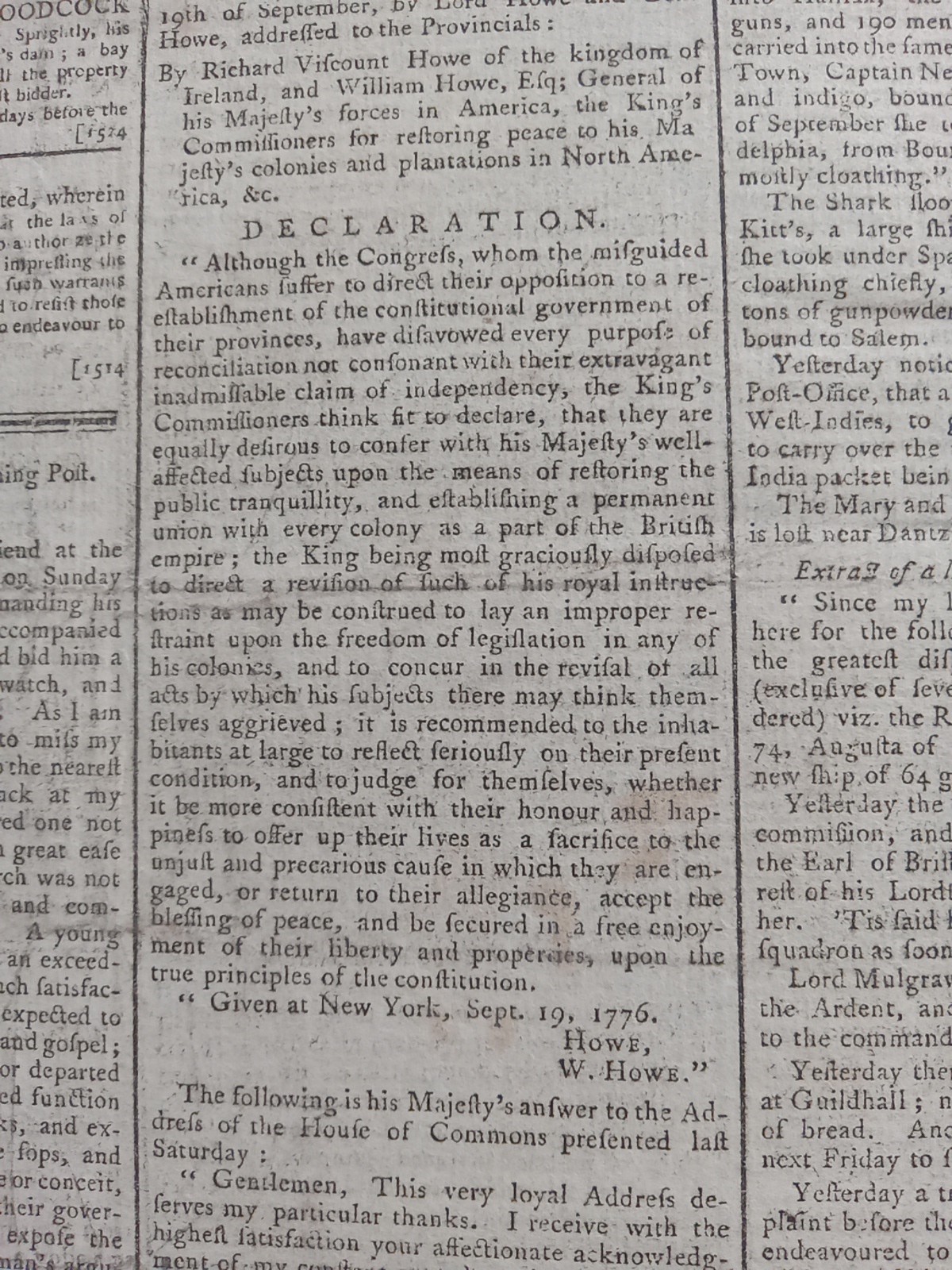 Original 1776 British Newspaper - American Revolutionary War - Colonies