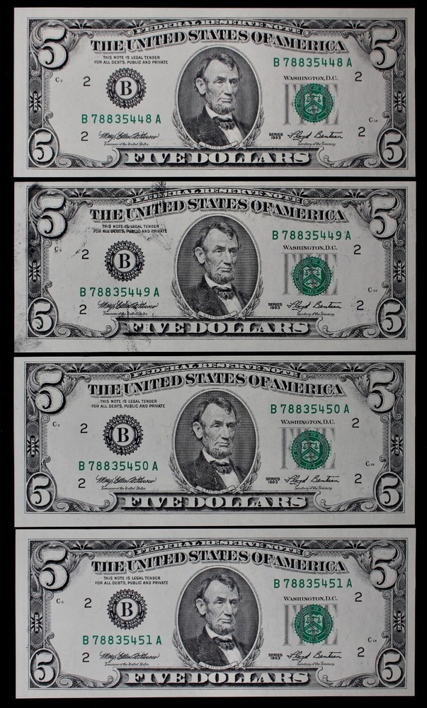 Four consecutive INKING ERRORS $5 1993 Gem CU B78835448-51A five dollar, NY B2