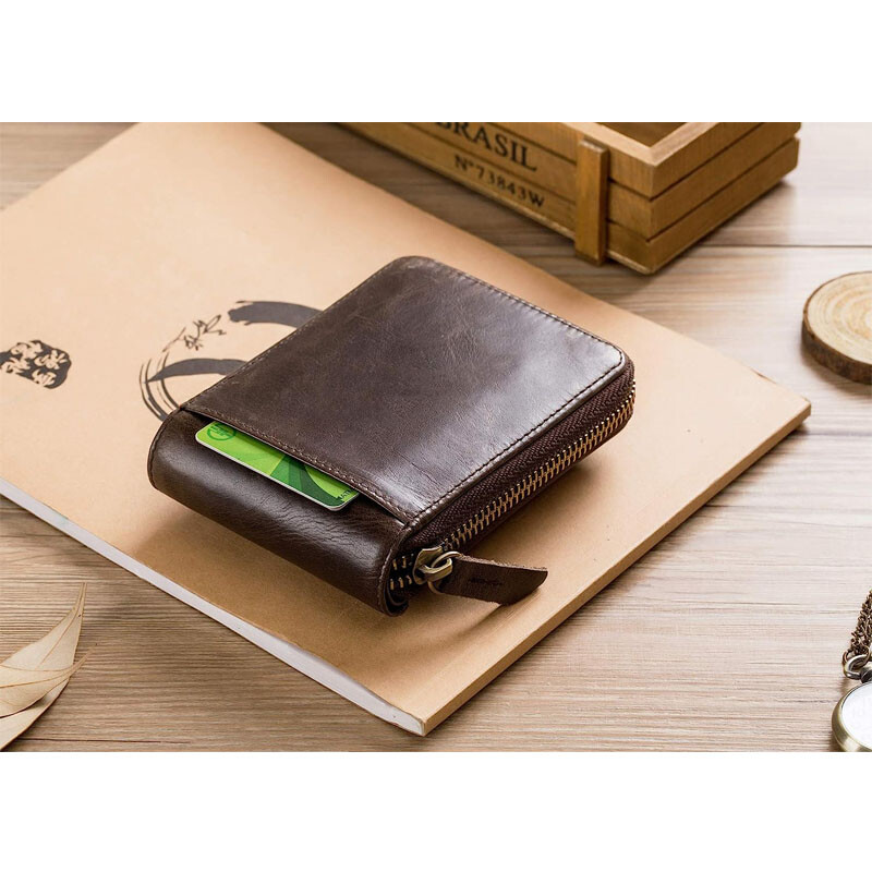 Genuine Leather Zipper Wallet Mens RFID Blocking Bifold Zip Around Card Holder