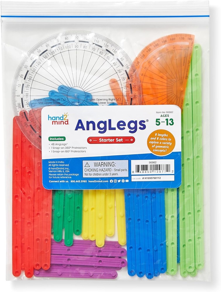 hand2mind AngLegs Starter Set with 2 Protractors, Geometry Multicolor