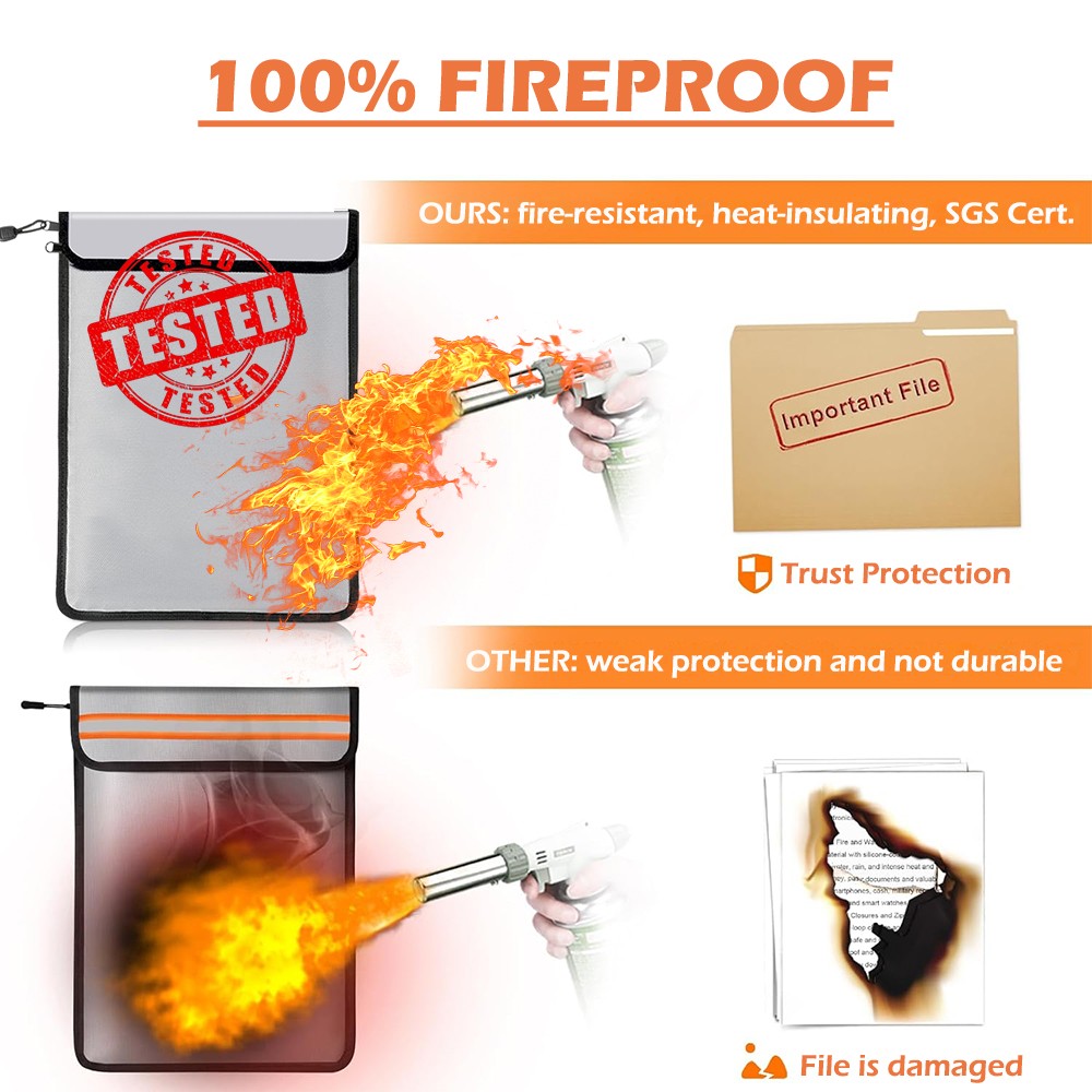 Fireproof Document Bag with Zipper Waterproof Fire Proof Money Storage Organizer
