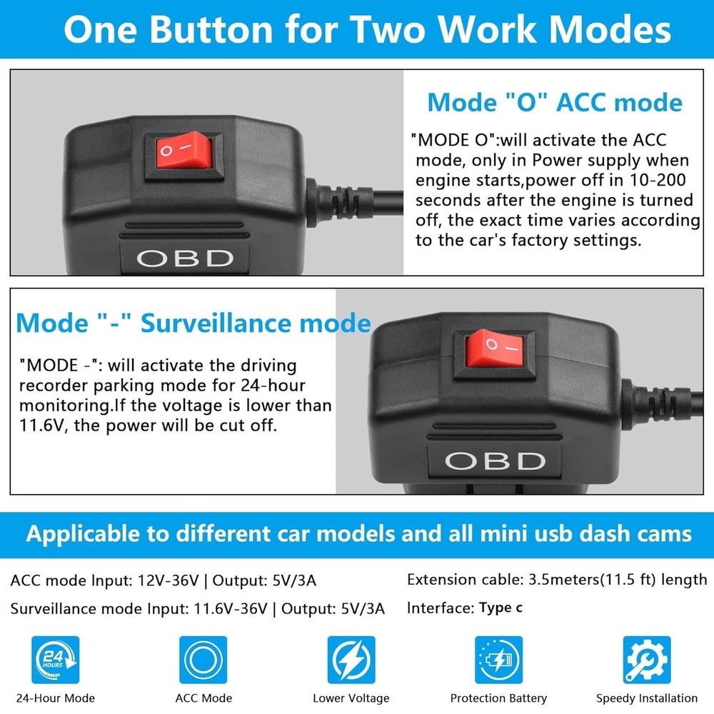 OBD Power Cable for Dash Camera OBD2 to Type C Adapter Hardwire Charger Cable