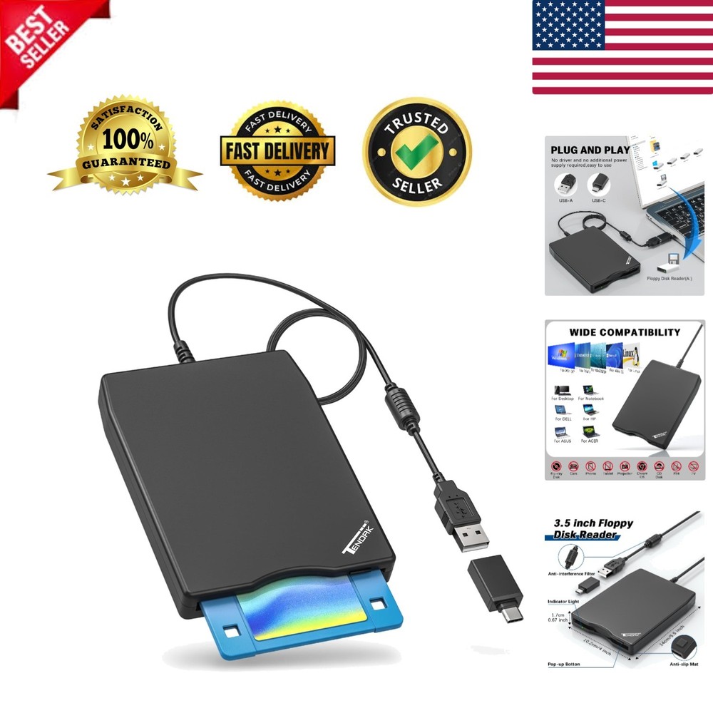 Compact USB Floppy Disk Drive with Type-C Adapter - Compatible with Windows OS