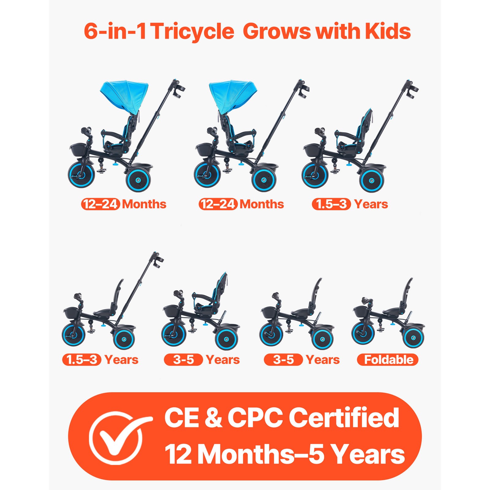 Uimoso 6-in-1 Toddler Tricycle with Push Handle Push Trike for Kids Aged 1-5