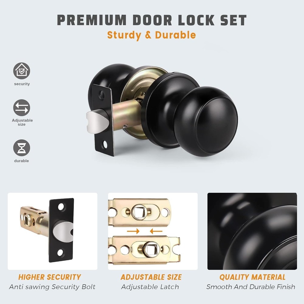 6 Pack Matte Black Door Knobs Round Interior Passage Handles for Hall and Closet
