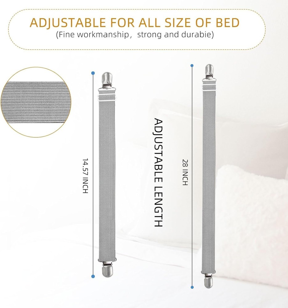 8pcs Adjustable Grey Bed Sheet Clips - Versatile Elastic Fasteners for Comfort