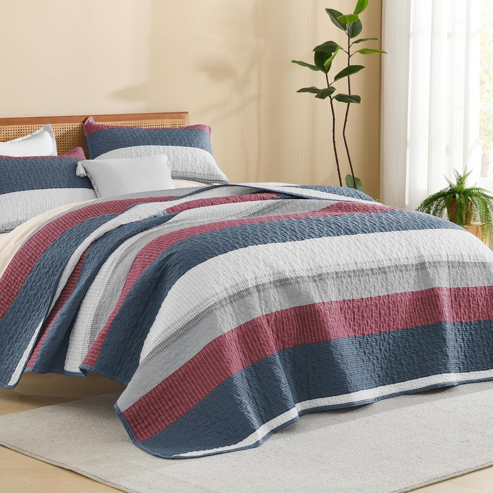 Quilt Queen Size Black Grey & White Gray Stripe Patchwork Summer Bedspread