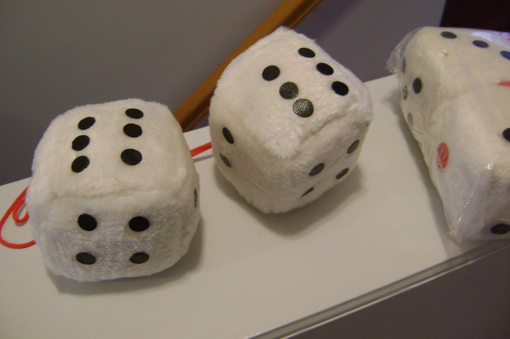 TWO STUFFED HANGING DICE WHITE WITH BLACK DOTS