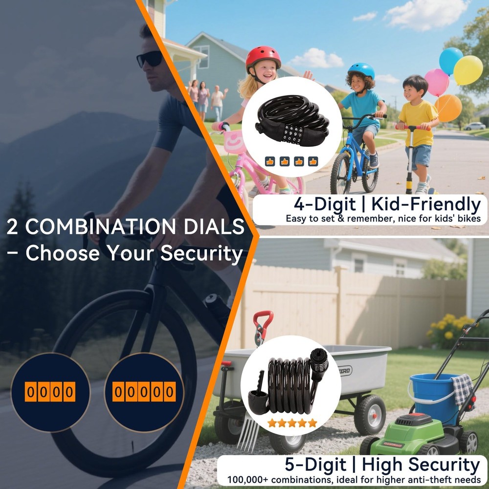 ® 2Pcs Pack 6FT Extra Long Cable Combination Bike Locks, 4 Digits Retractable...