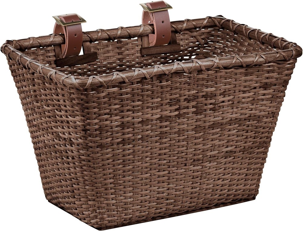 Rectangular Cane Bicycle Basket with Authentic Leather Straps & Brass Buckles