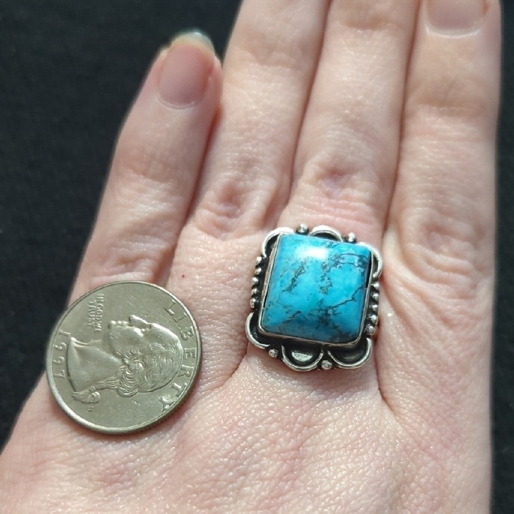 Silver Plated Blue Turquoise Gemstone Square Statement Ring - Size 8-10