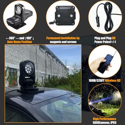 Remote LED Spot Lights for Trucks, Auto-Return 360 Rotating Search Light for